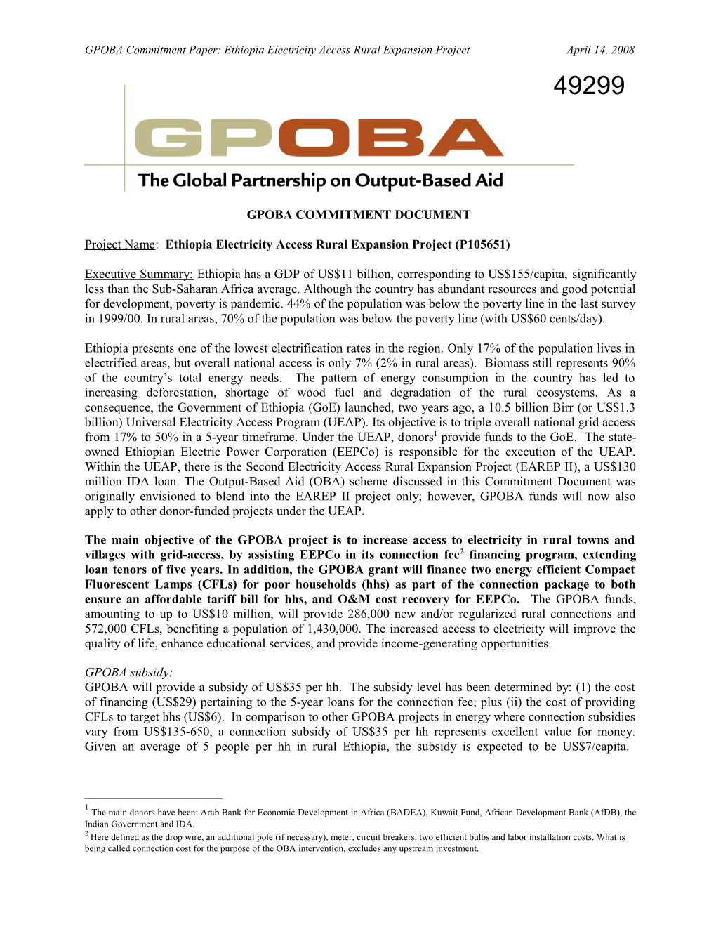 GPOBA Commitment Paper: Ethiopia Electricity Access Rural Expansion Project April 2008