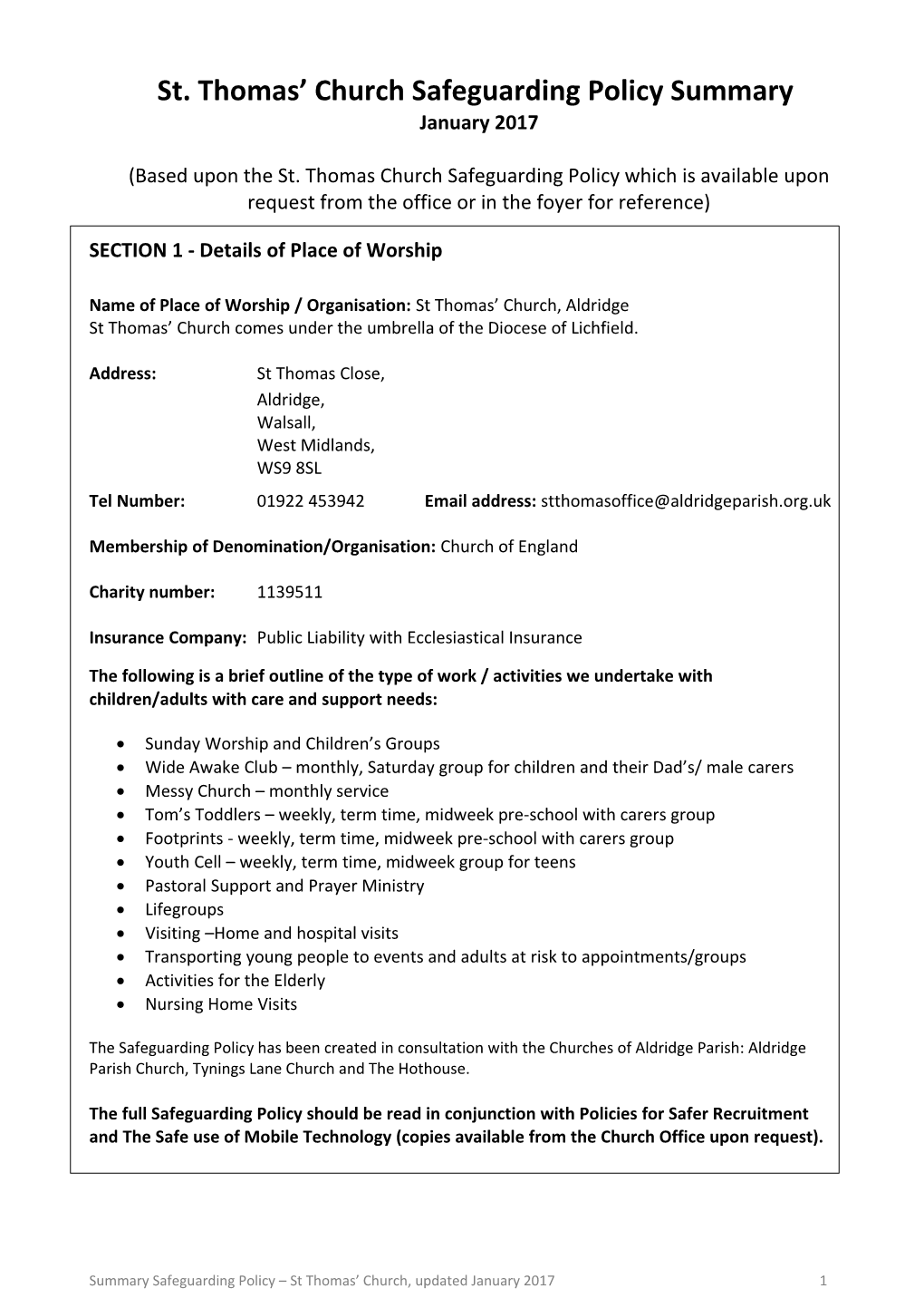 St. Thomas Church Safeguarding Policy Summary