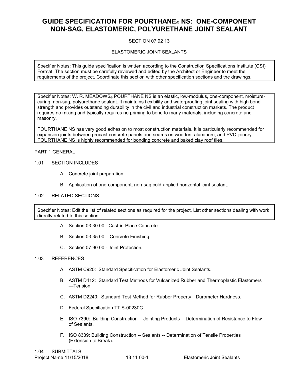 Guide Specification for Pourthane Ns: One-Component Non-Sag, Elastomeric, Polyurethane