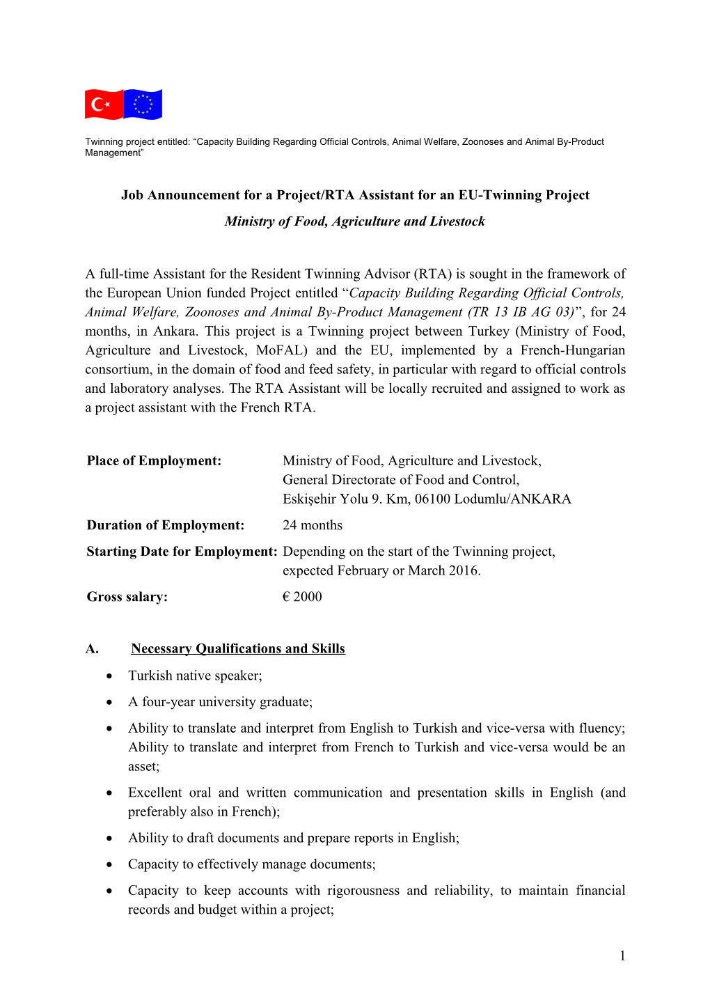 Job Announcement for a Project/RTA Assistant for an EU-Twinning Project