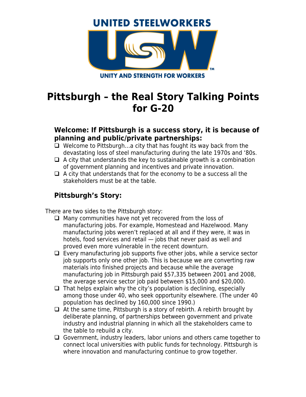Pittsburgh the Real Story Talking Points for G-20
