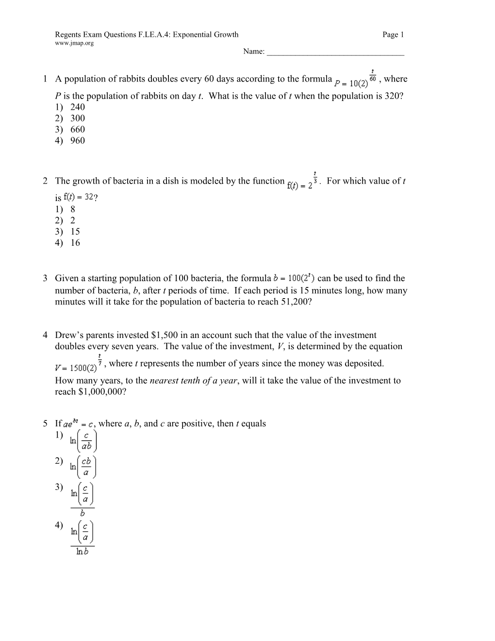 Regents Exam Questions F.LE.A.4: Exponential Growthpage 1