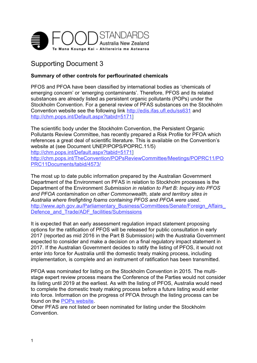 Summary of Other Controls for Perflourinated Chemicals