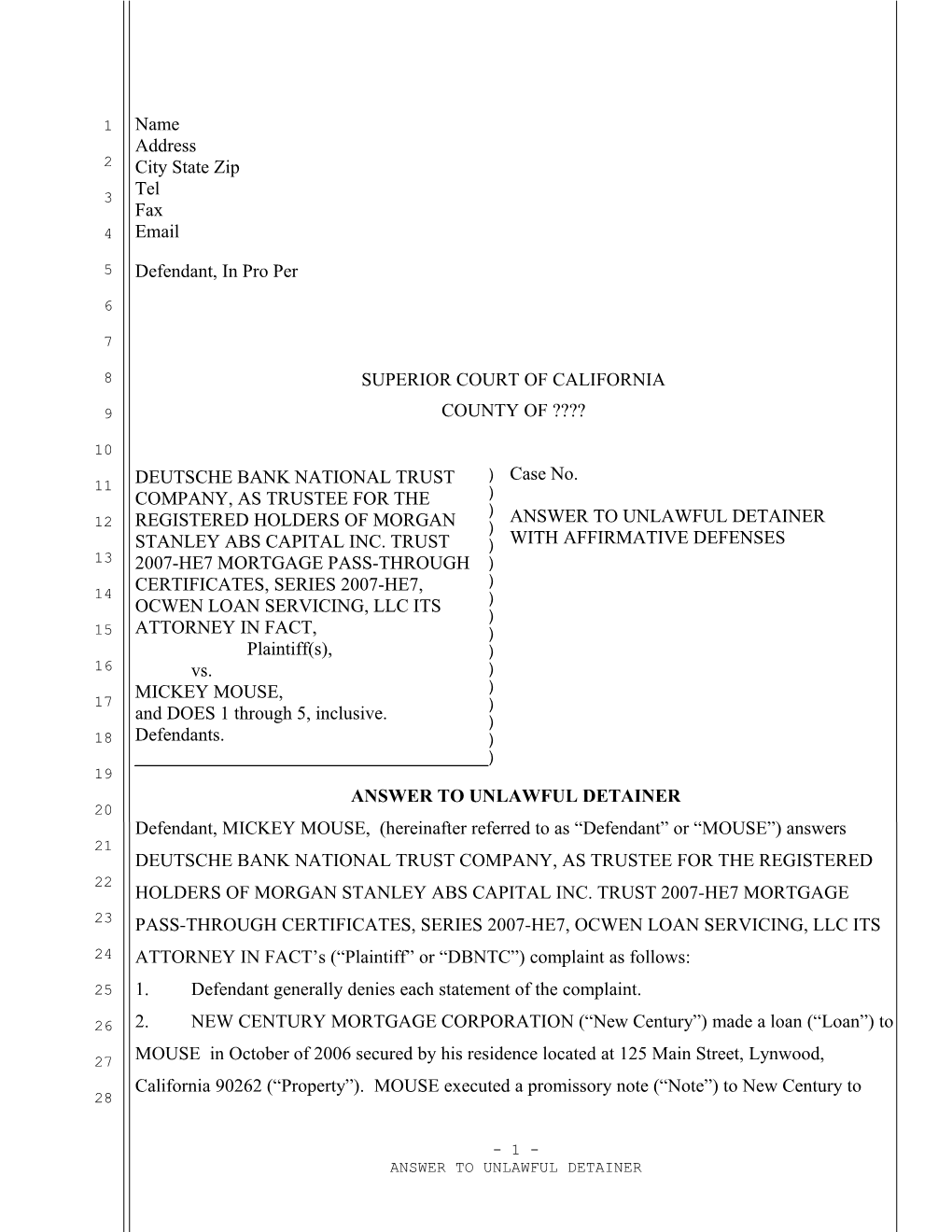 Sample Motion to Stirike Unlawful Detainer Complaint for California