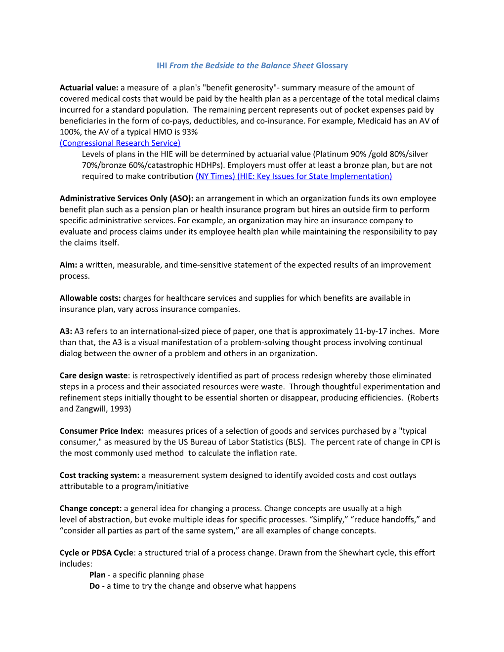 IHI from the Bedside to the Balance Sheet Glossary