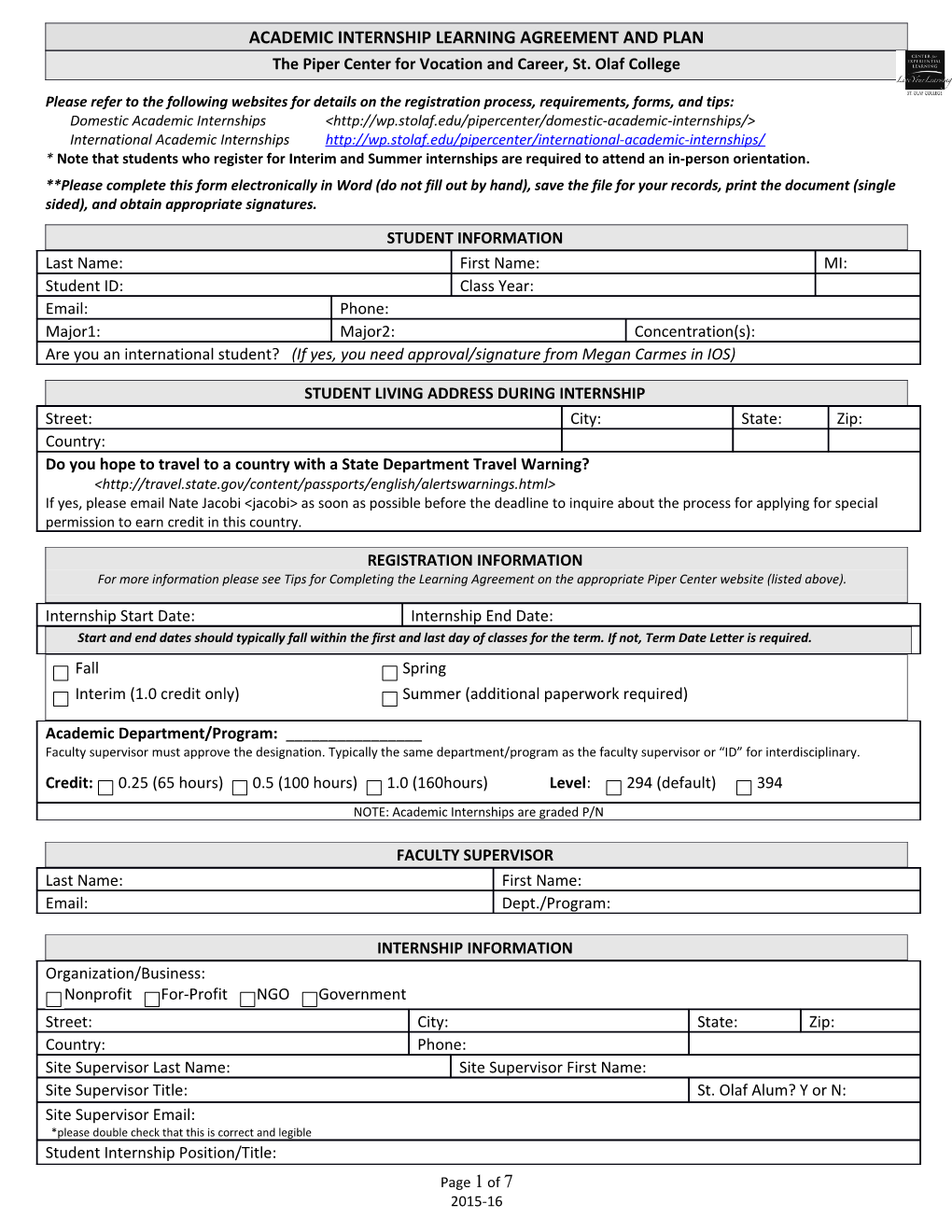 Academic Internship Learning Agreement and Plan