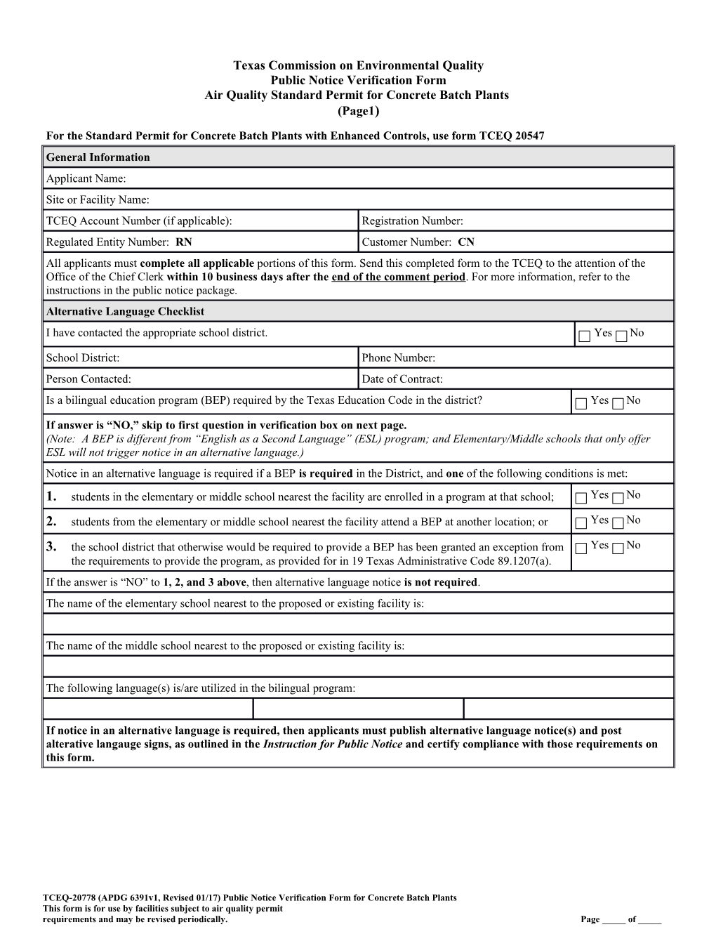 TCEQ-Public Notice Verification Form Air Quality Standard Permit for Concrete Batch Plants