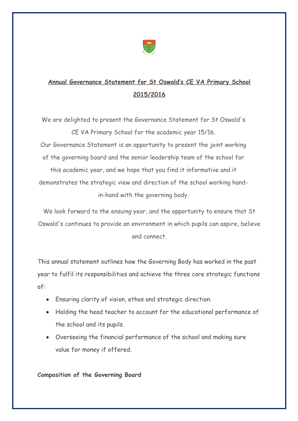Annual Governance Statement for St Oswald S CE VA Primary School