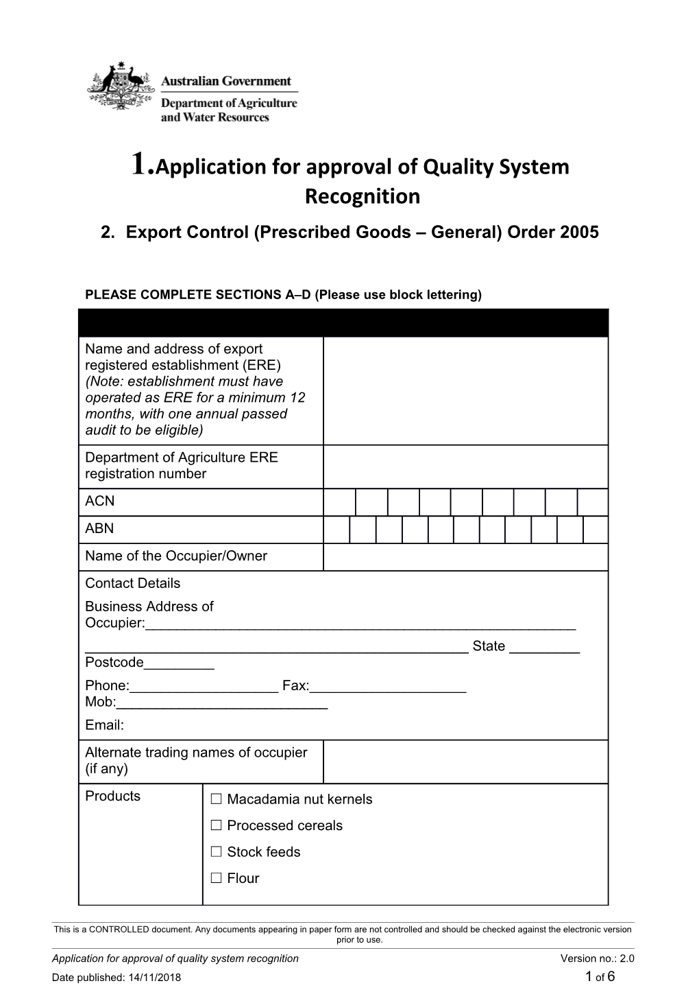 Application for Approval of Quality System Recognition