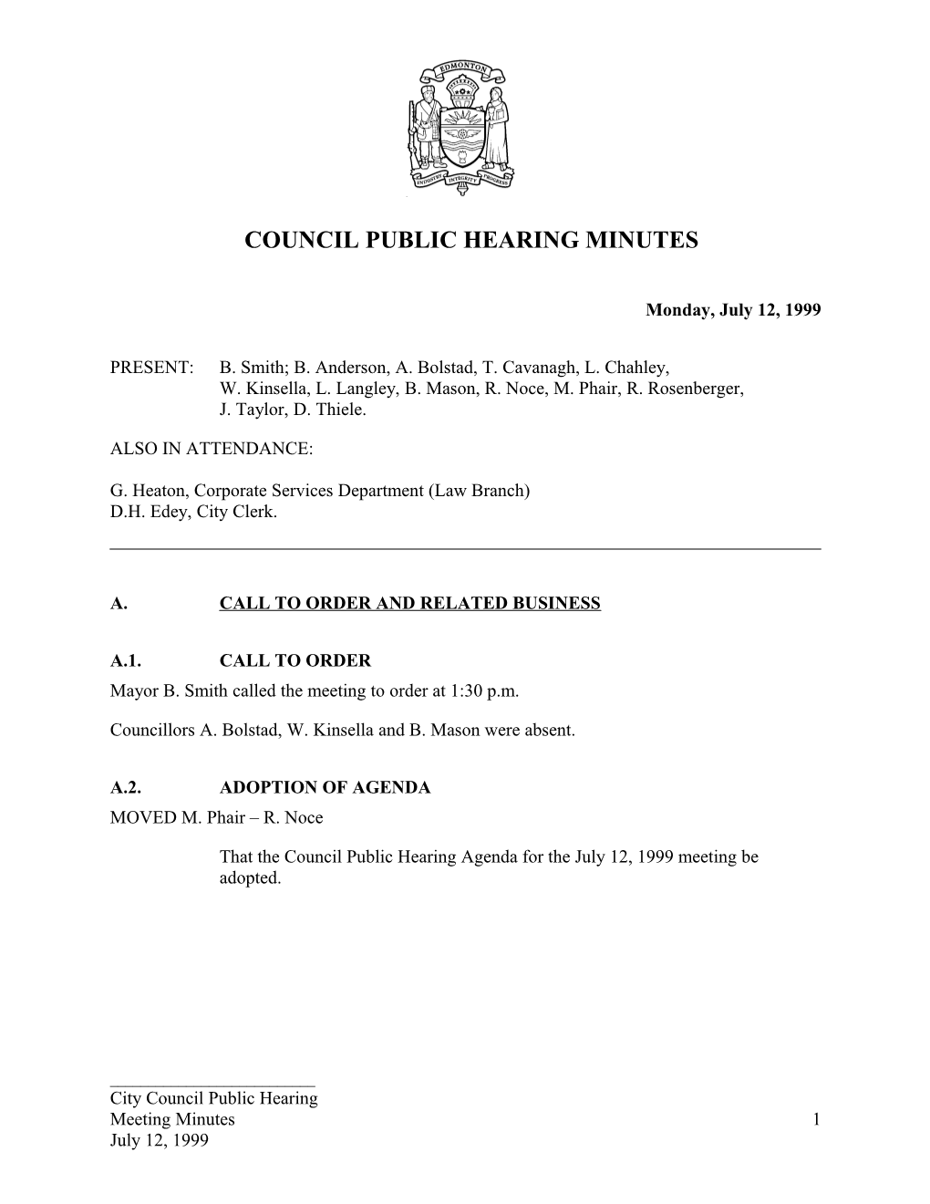 Minutes for City Council July 12, 1999 Meeting