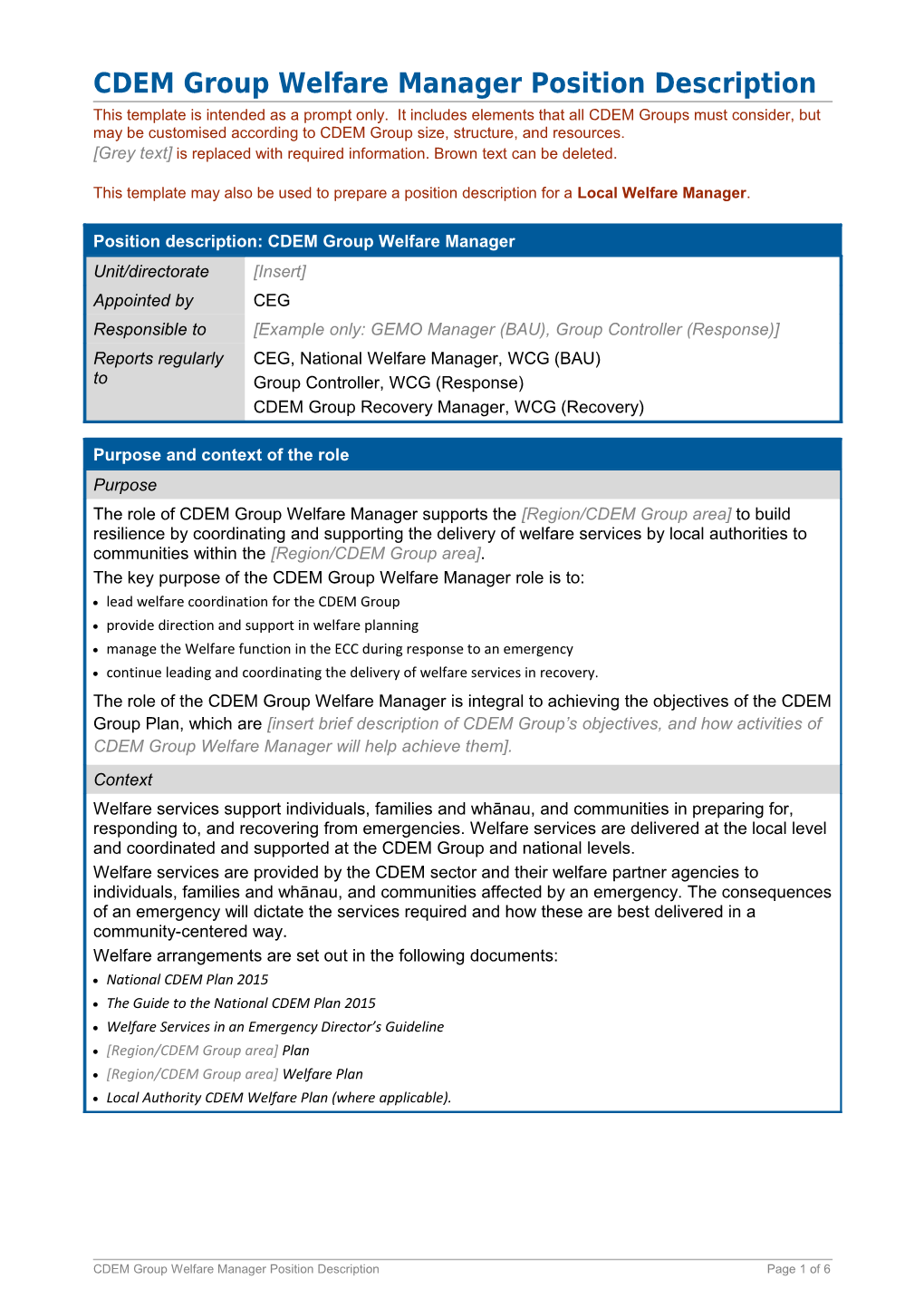 CDEM Group Welfare Manager Position Description