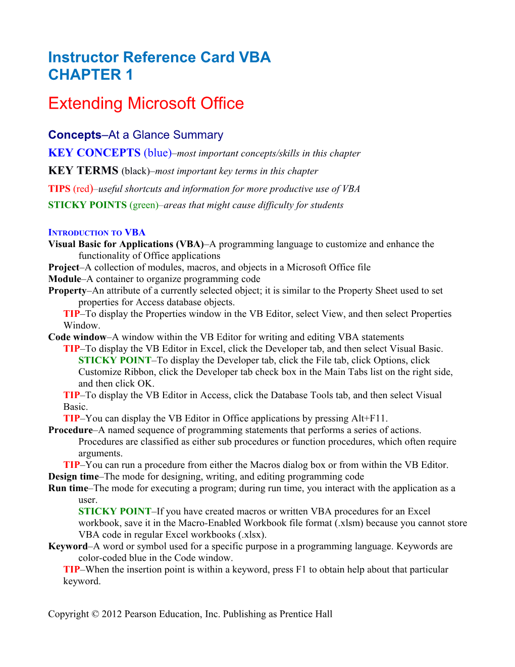 Instructor Reference Card VBA