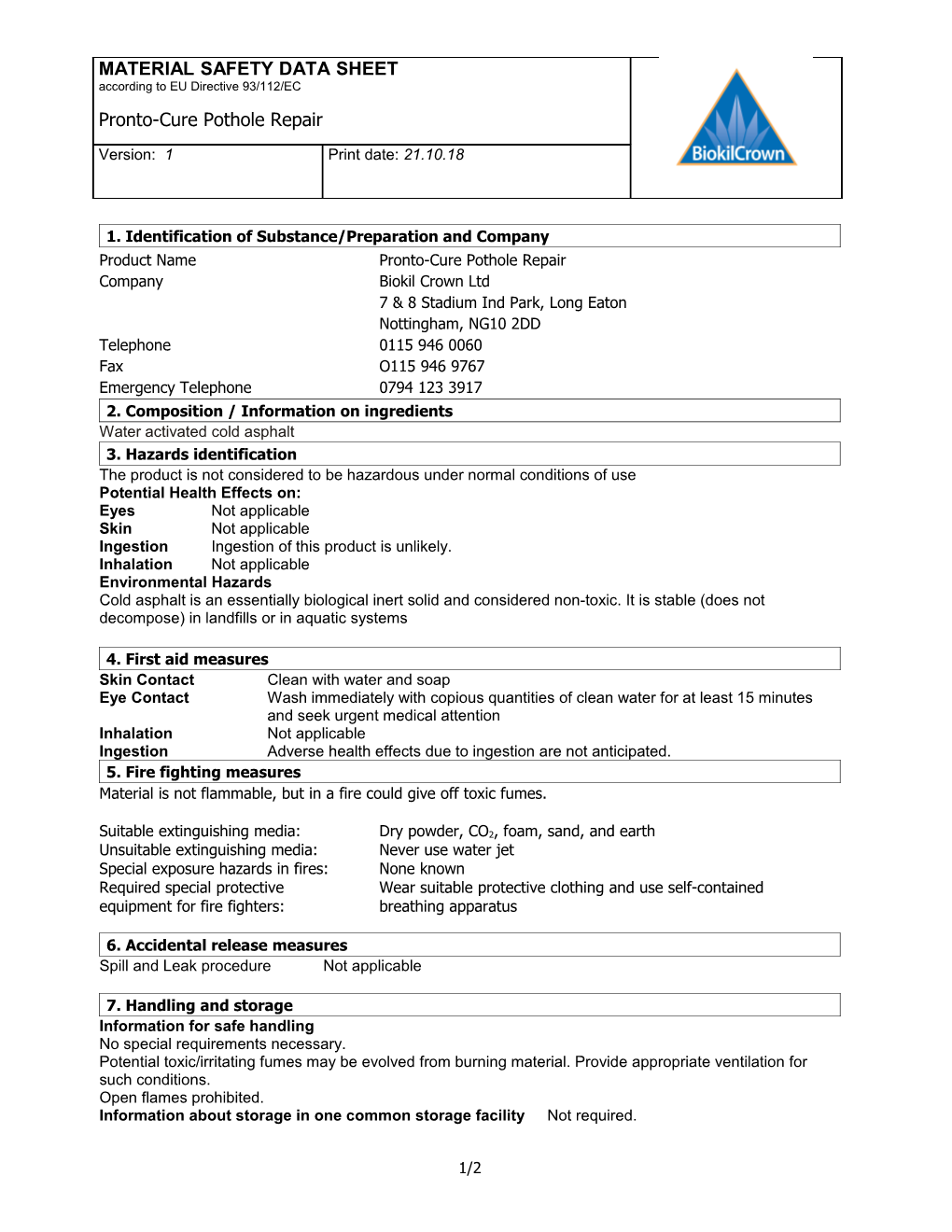 1. Identification of Substance/Preparation and Company