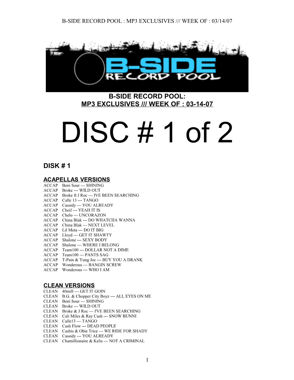 B-Side Record Pool : Mp3 Exclusives Week of : 03/14/07