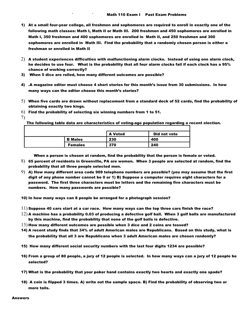 Math 110 Exam I Past Exam Problems