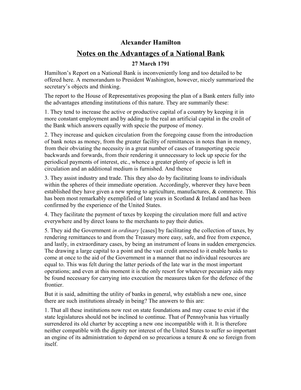 Notes on the Advantages of a National Bank