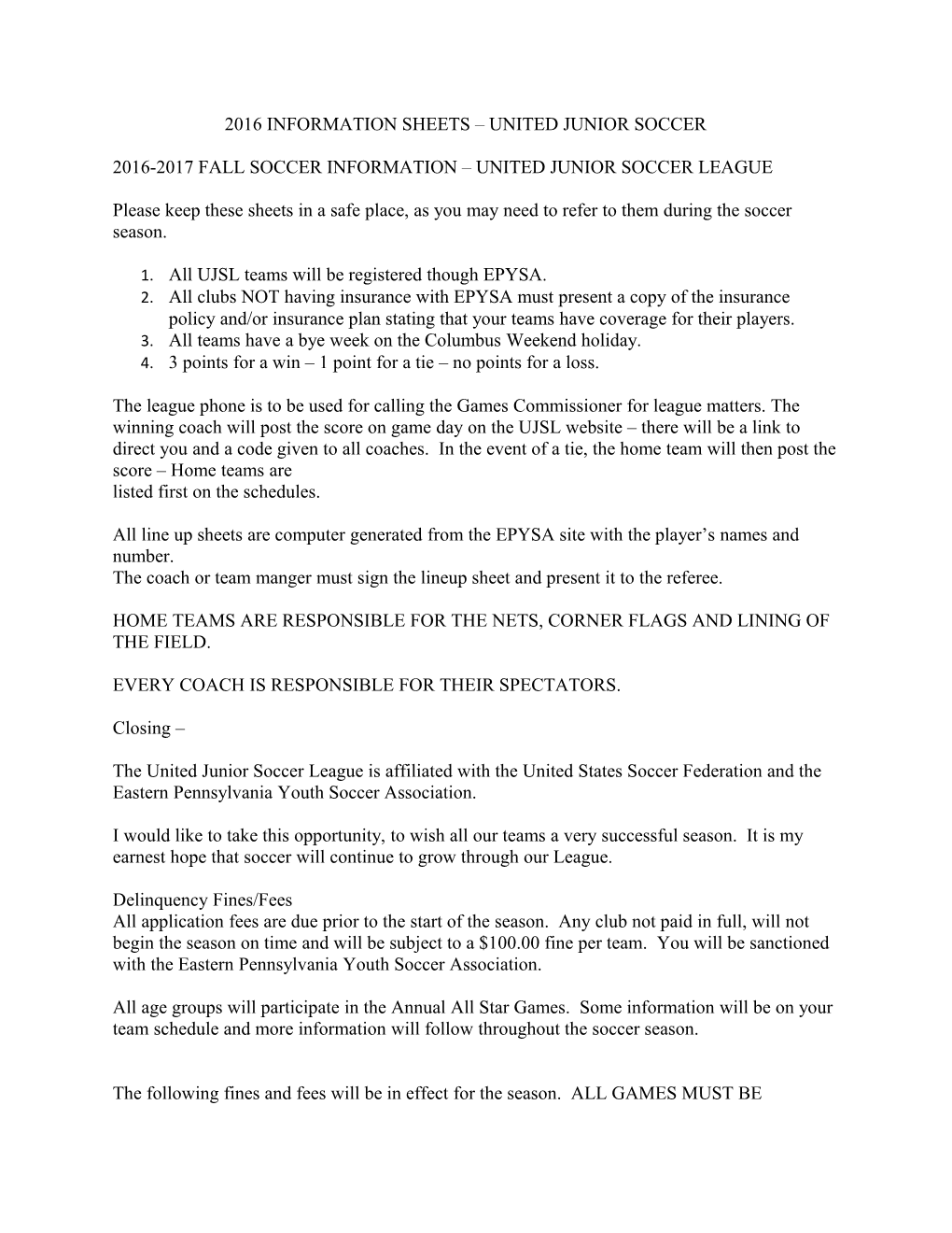 2008 - 2009 Information Sheets United Junior Soccer