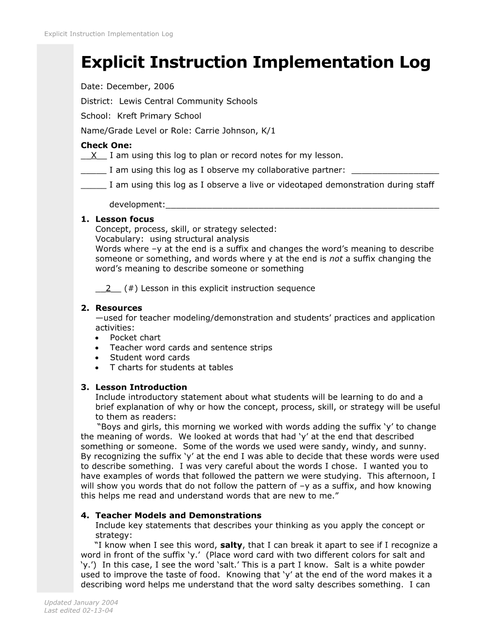 Explicit Instruction Implementation Log