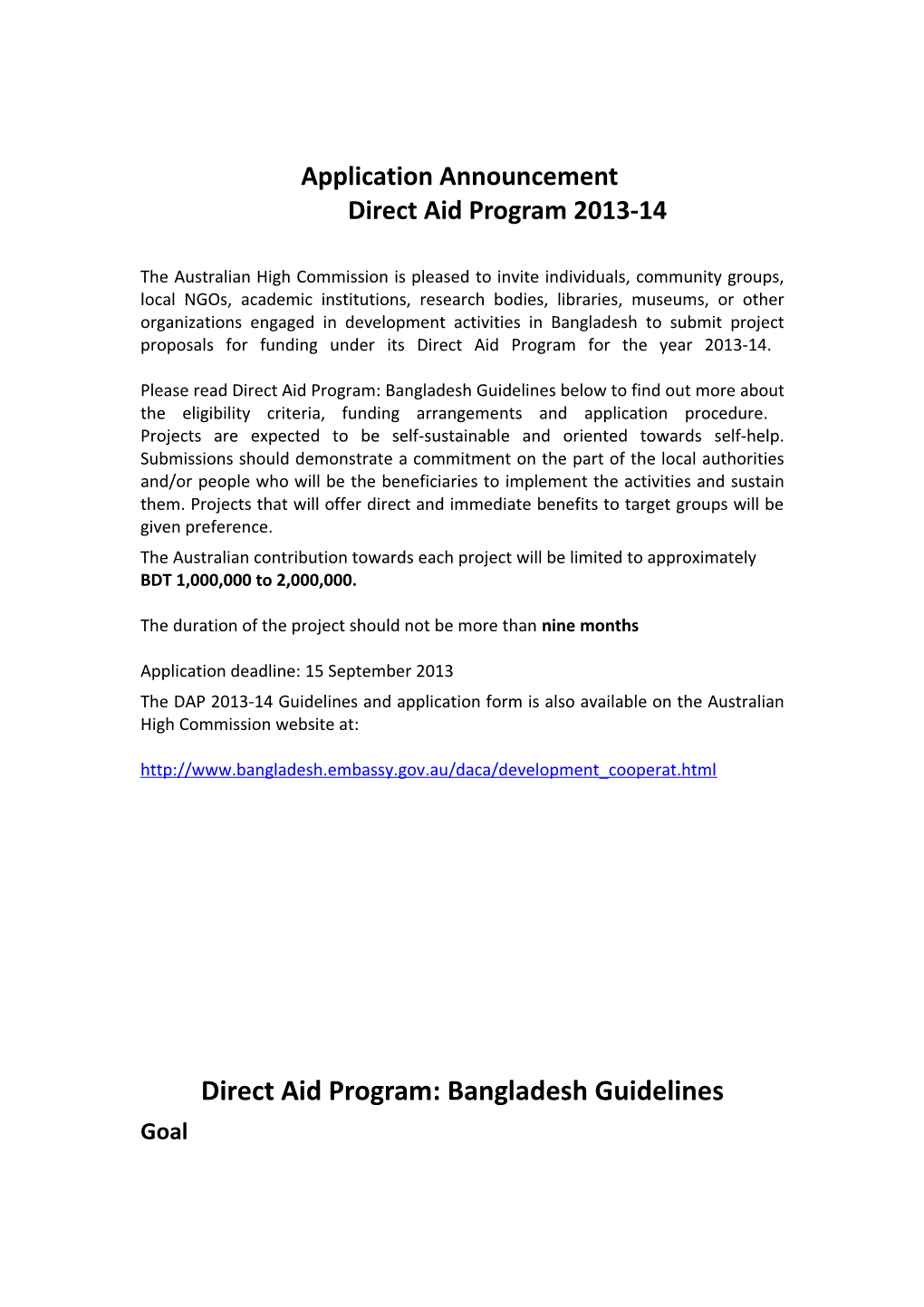 Application Announcement Direct Aid Program 2013-14