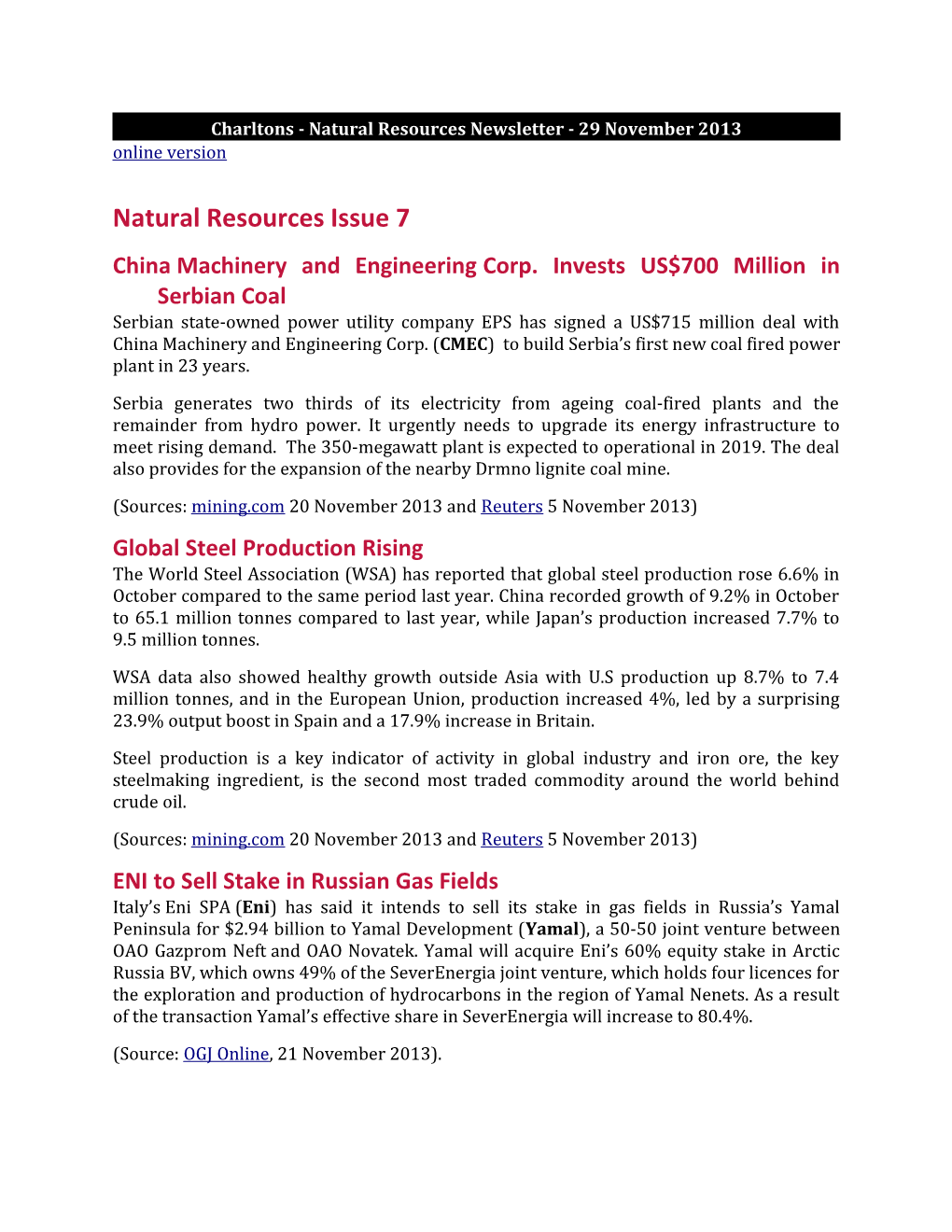 Charltons - Natural Resources Newsletter - 29 November 2013