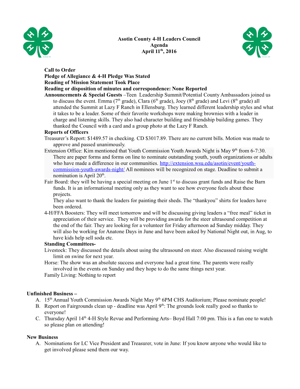 Asotin County 4-H Leaders Council