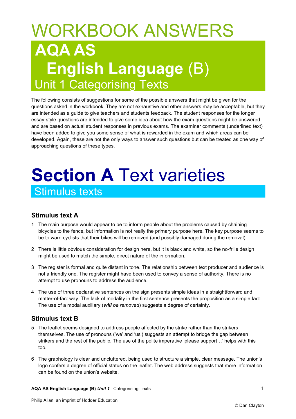 AQA Eng Lang B Unit 1 WORKBOOK ANSWERS