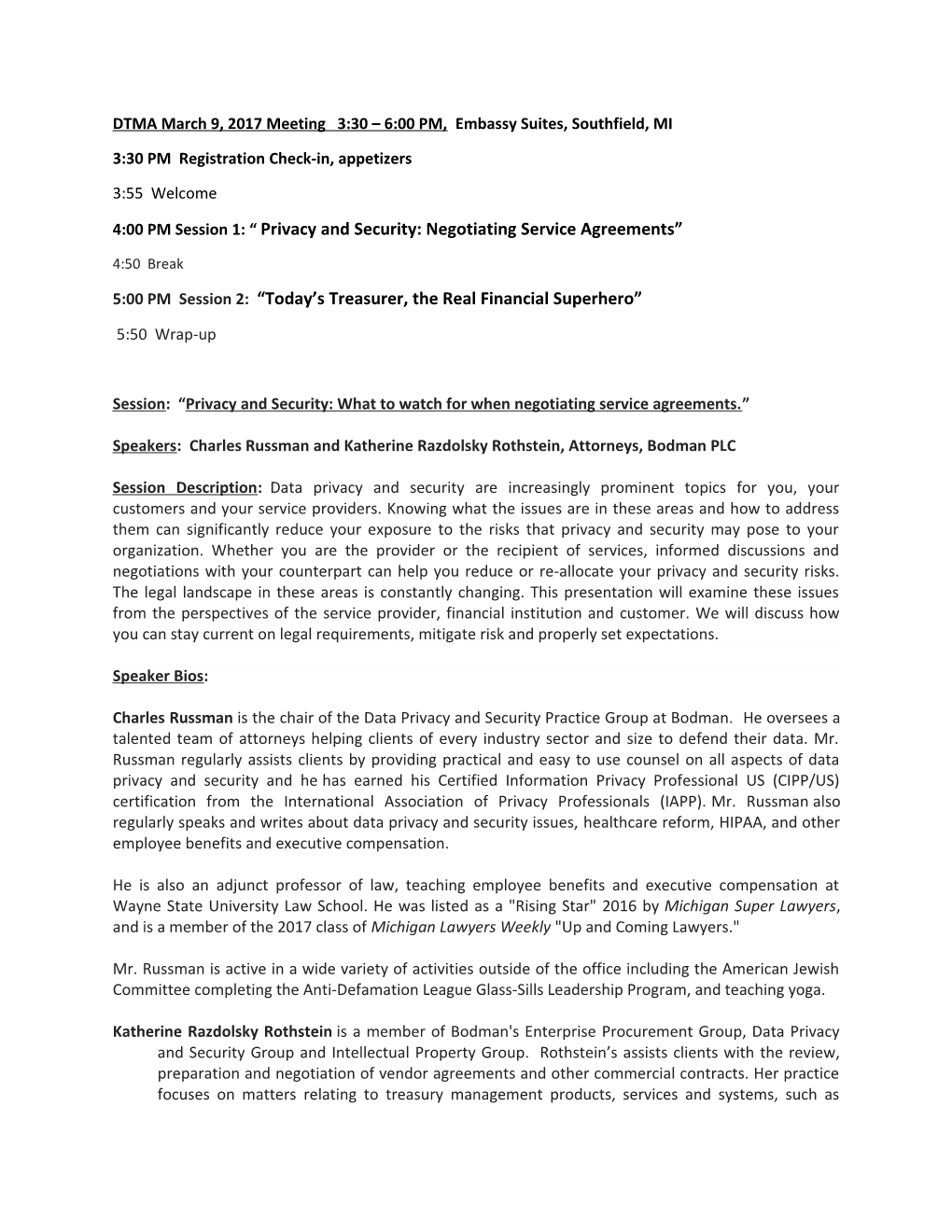 4:00 PM Session 1: Privacy and Security: Negotiating Service Agreements