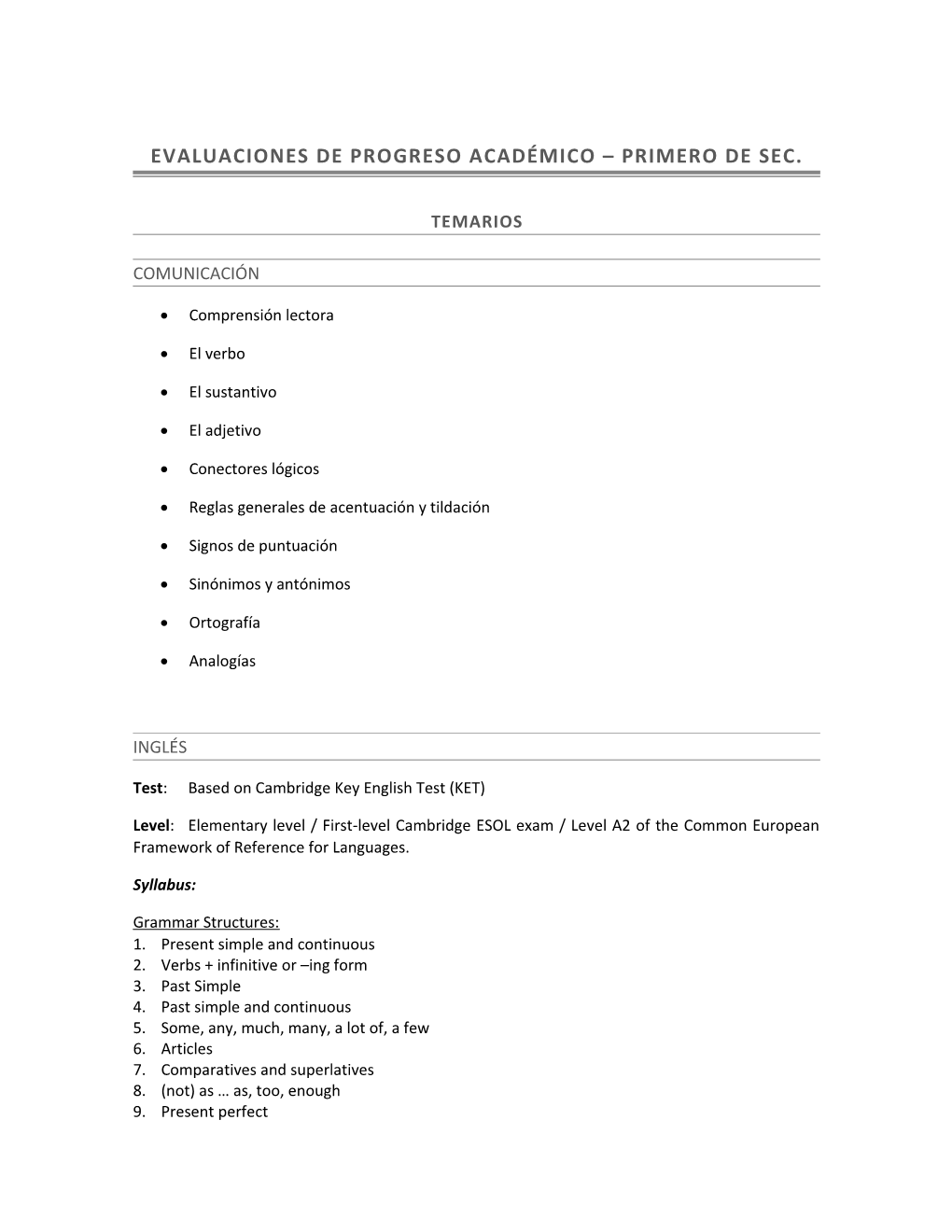 Evaluaciones De Progreso Académico Primero De Sec