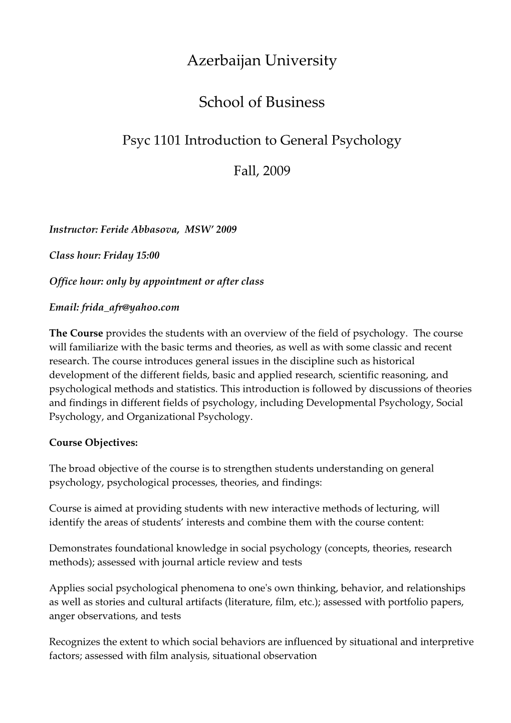 Psyc 1101 Introduction to General Psychology