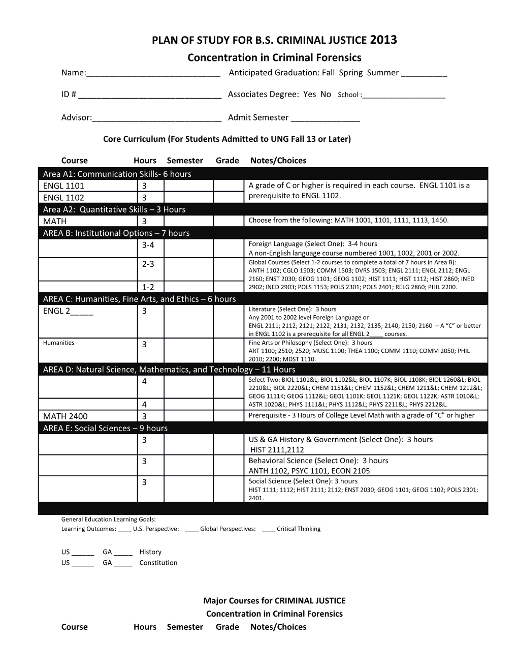 Plan of Study for B.S. Criminal Justice2013