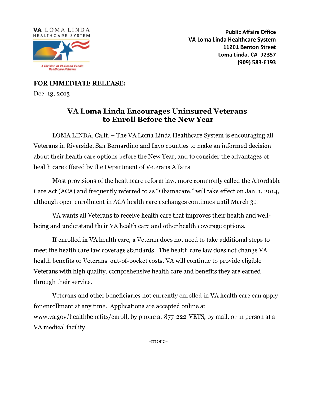 VA Loma Lindaencouragesuninsured Veterans