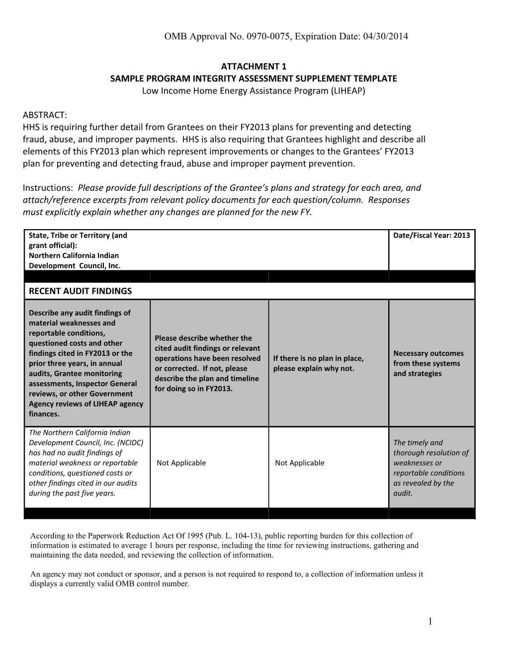 OMB Approval No. 0970-0075, Expiration Date: 04/30/2014