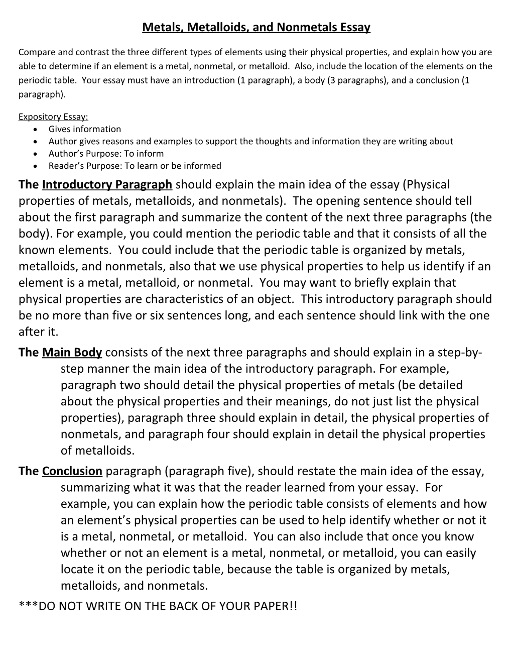 Metals, Metalloids, and Nonmetals Essay