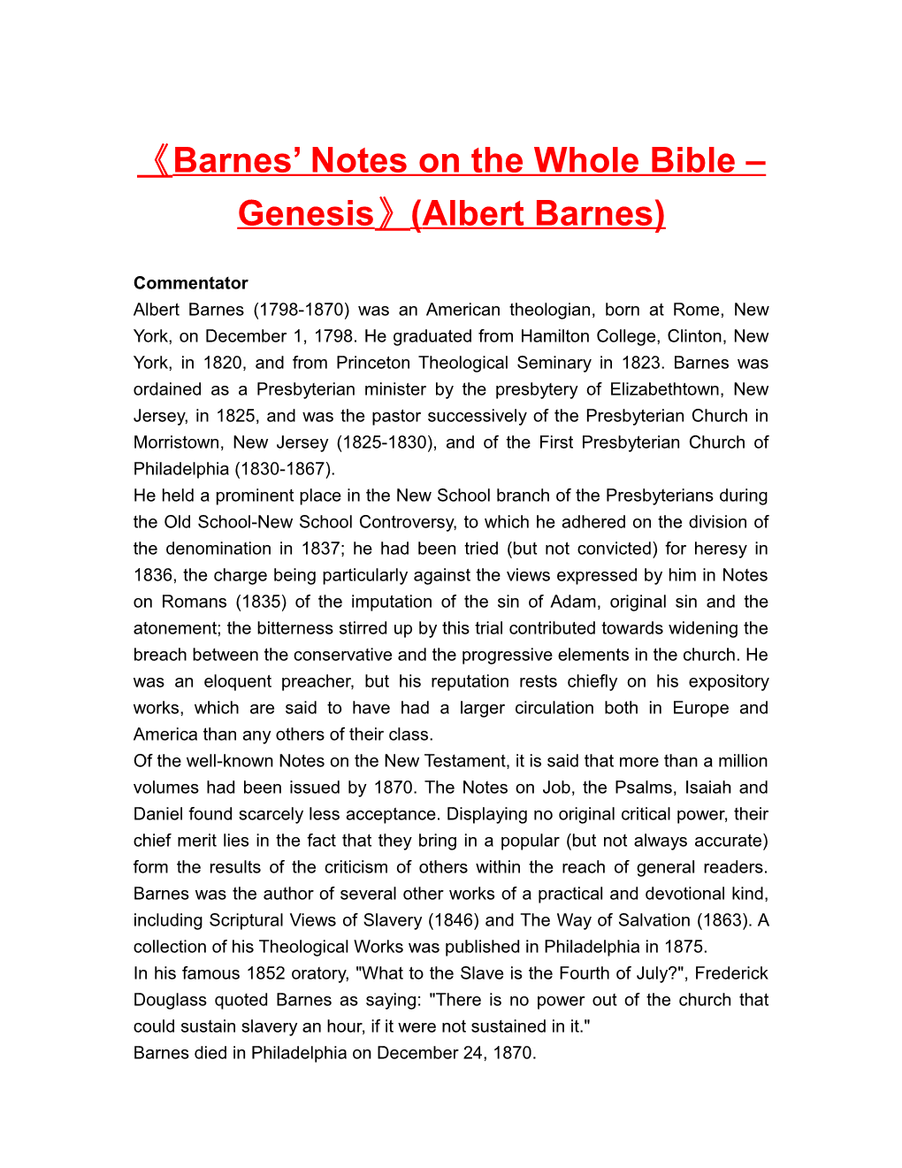 Barnes Notes on the Whole Bible Genesis (Albert Barnes)