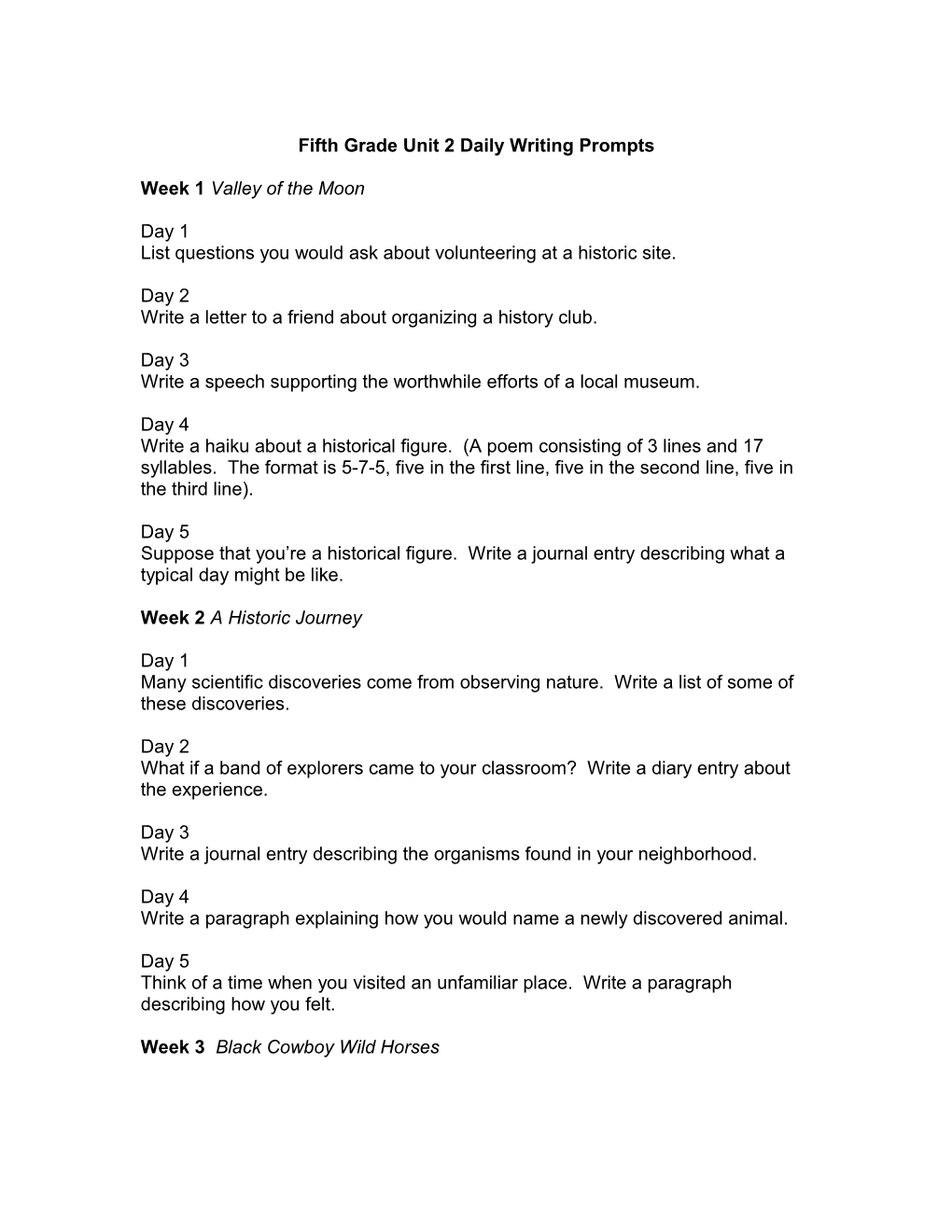 Fifth Grade Unit 2 Daily Writing Prompts