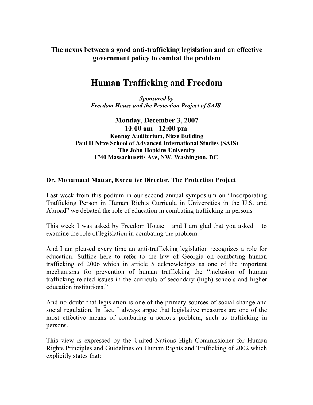 Freedom House and the Protection Project Event