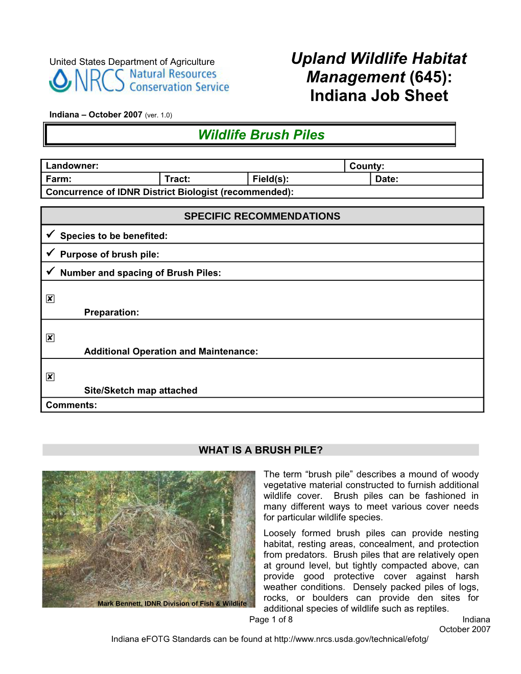 Indiana Wildlife Brush Pile Job Sheet