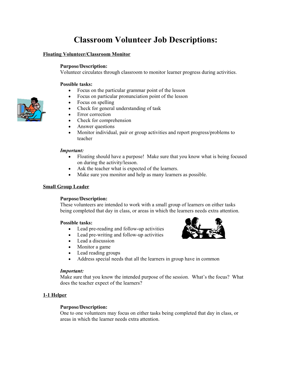 Classroom Volunteer Job Descriptions