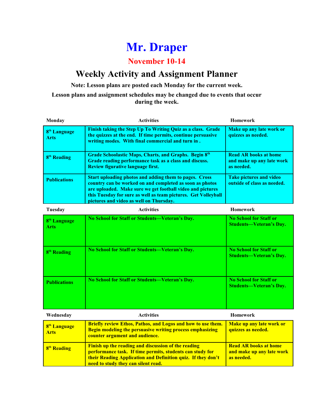Weekly Activity and Assignment Planner