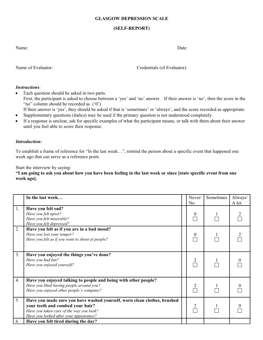 Glasgow Depression Scale