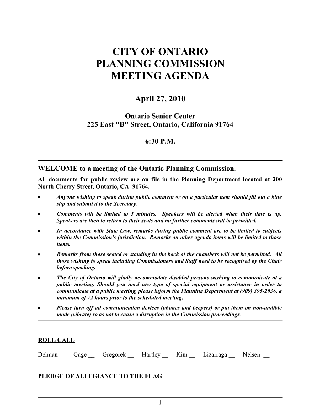 CITY of ONTARIO PLANNING COMMISSION April 27, 2010