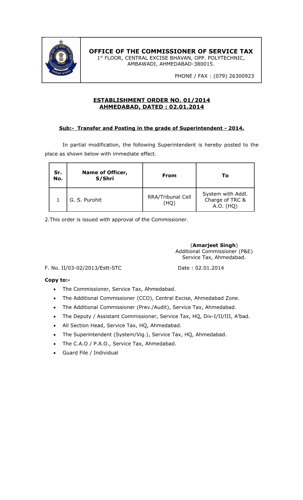 Sub:- Transfer and Posting in the Grade of Superintendent - 2014