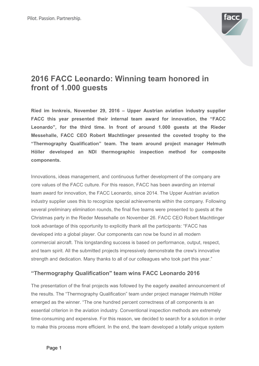 2016 FACC Leonardo: Winning Team Honored in Front Of1.000 Guests