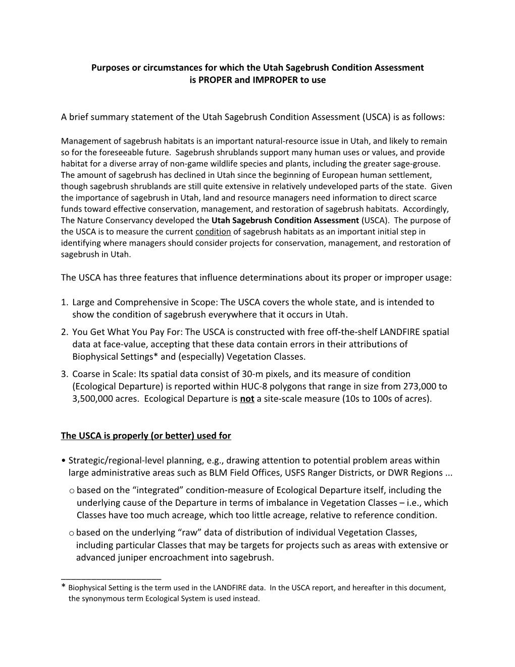 Purposes Or Circumstances for Which the Utah Sagebrush Condition Assessment