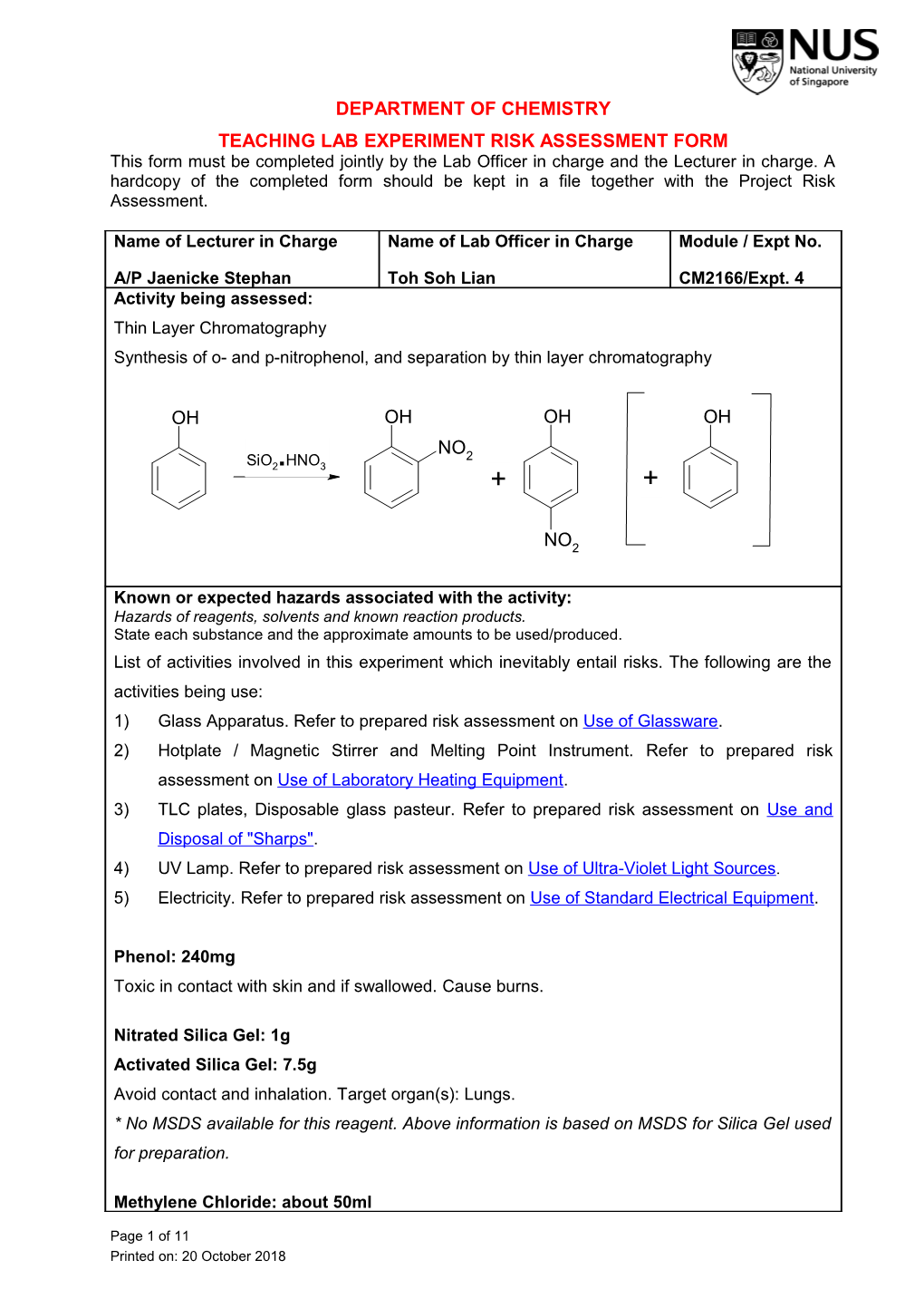 Teaching Lab Experiment Risk Assessment Form