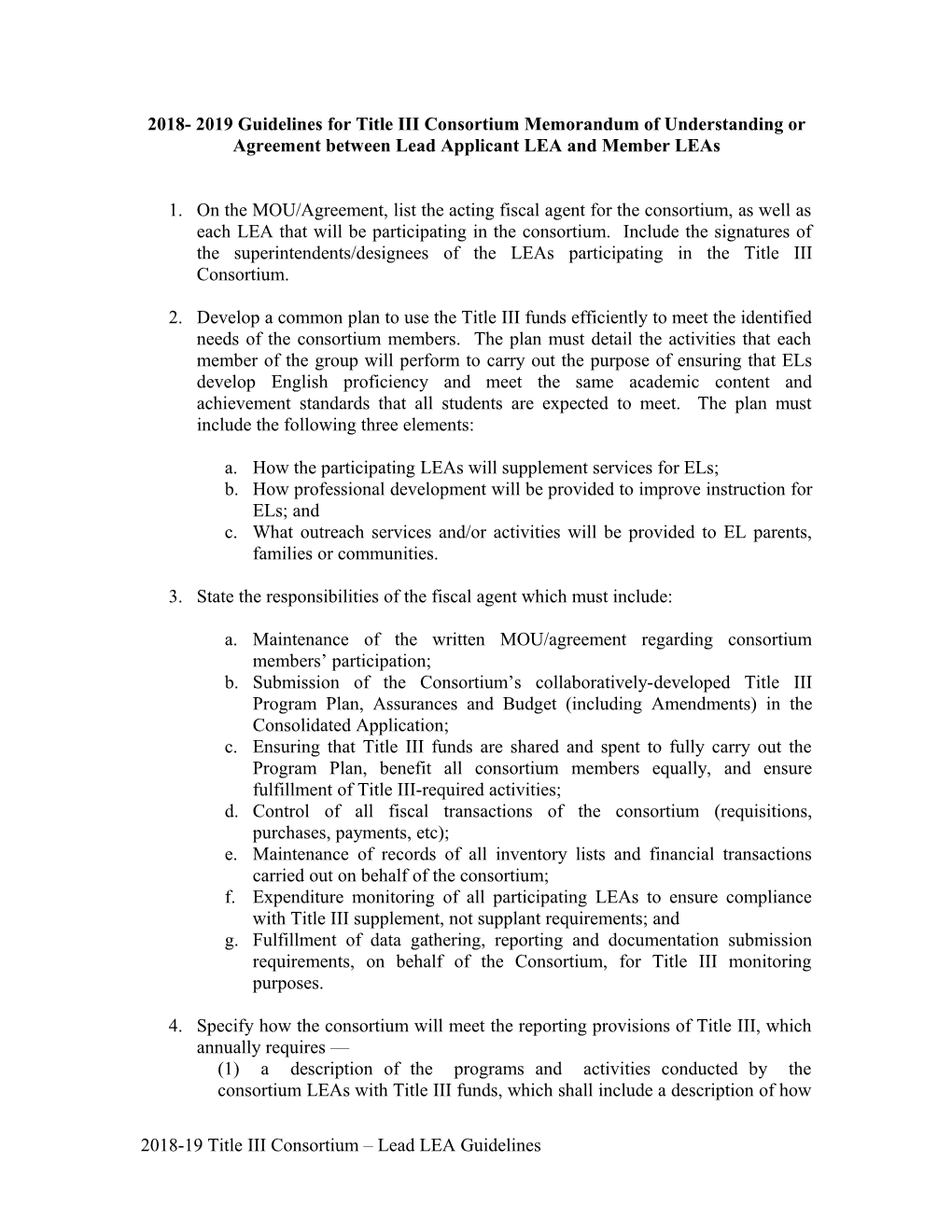 2018- 2019 Guidelines for Title III Consortium Memorandum of Understanding Or Agreement