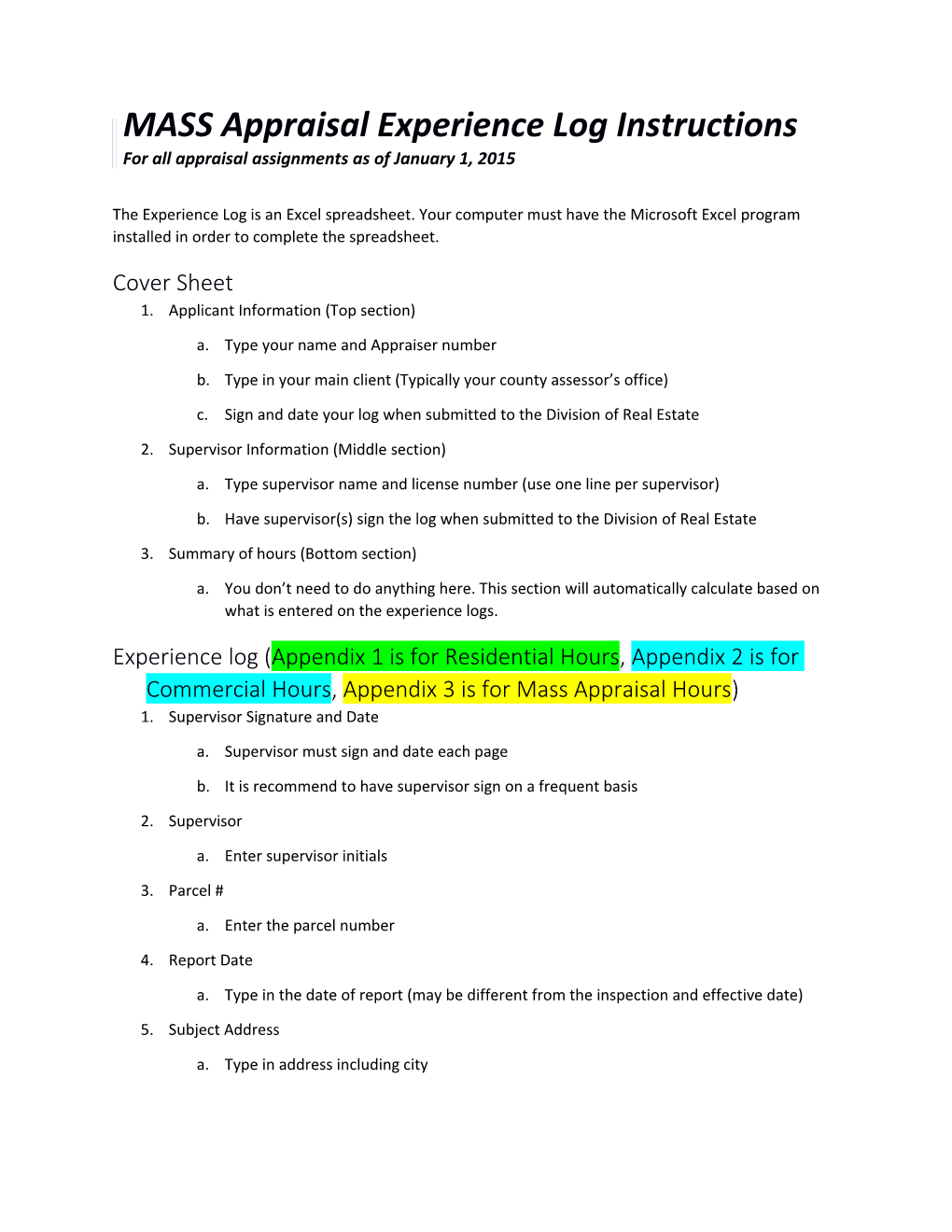 MASS Appraisal Experience Log Instructions