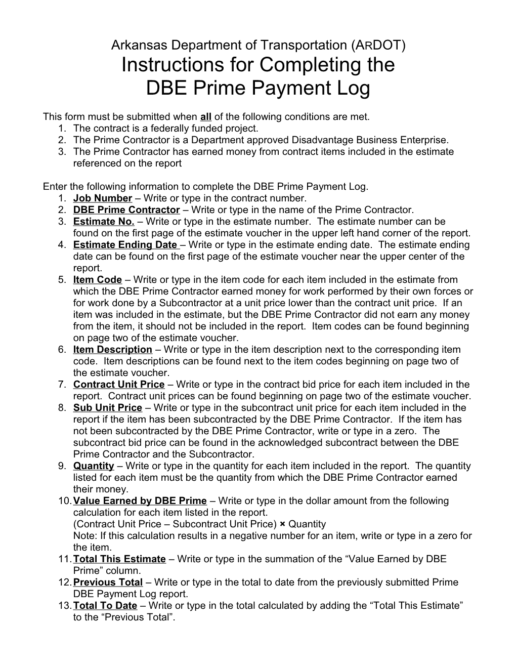 DBE Payment Log Instructions