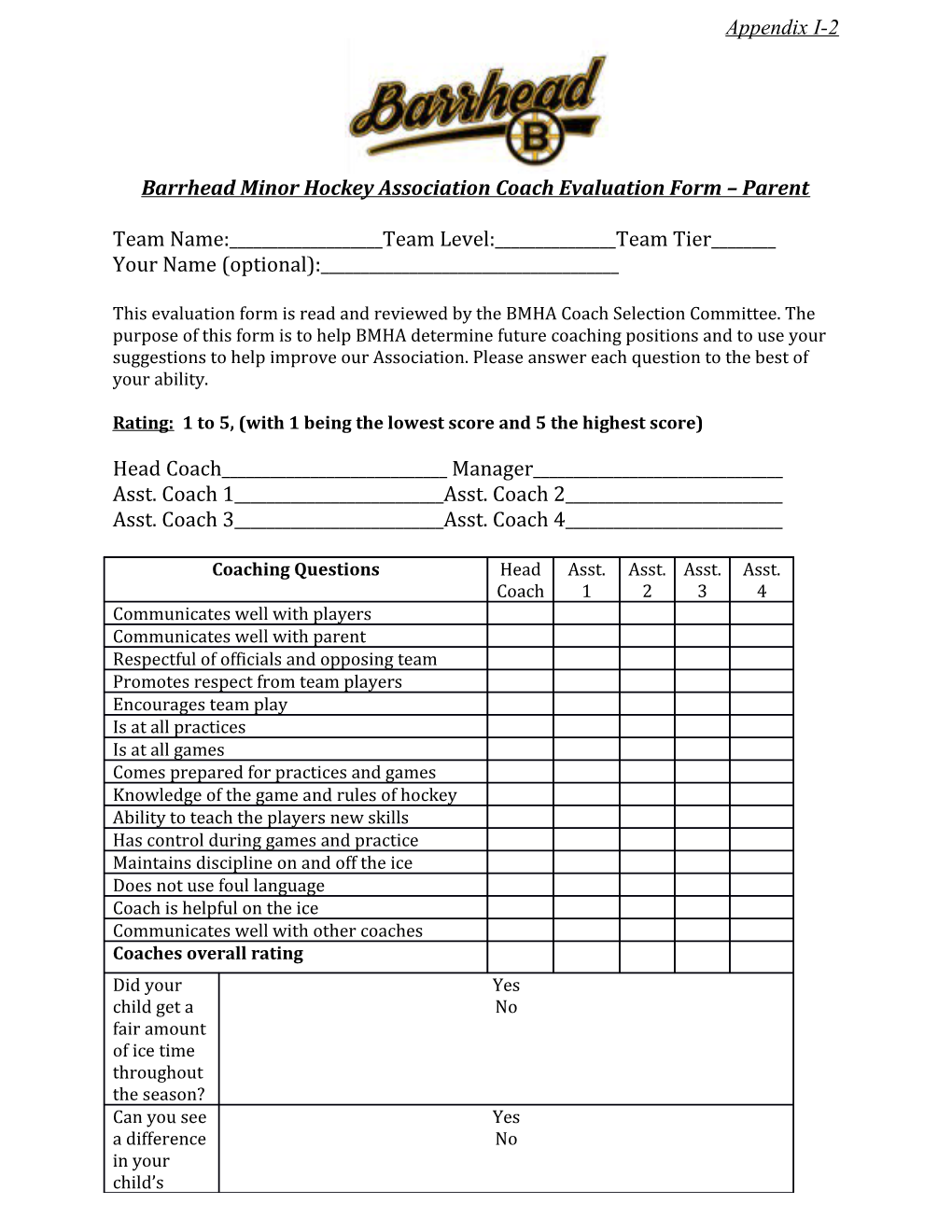 Barrhead Minor Hockey Association Coach Evaluation Form Parent