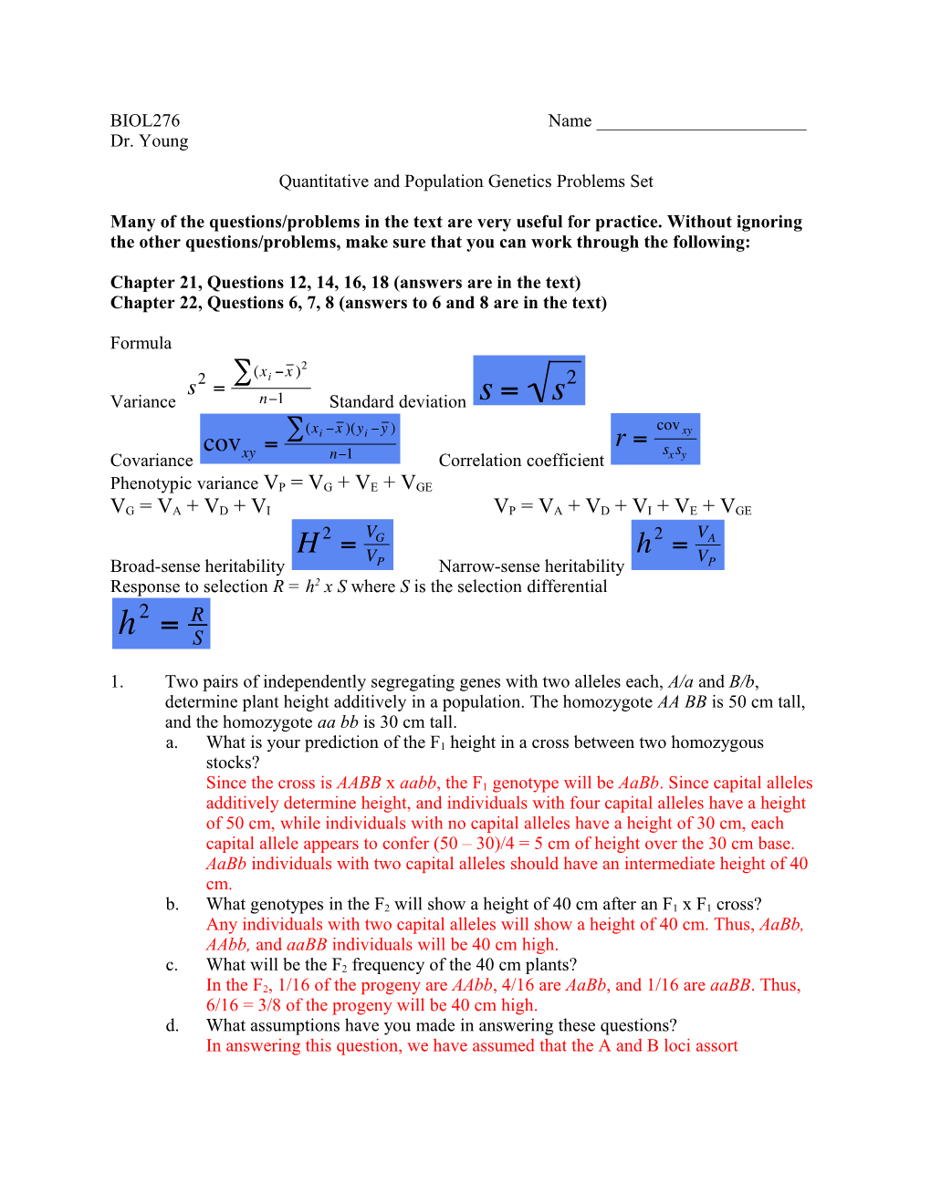 Quantitative and Population Genetics Problems Set